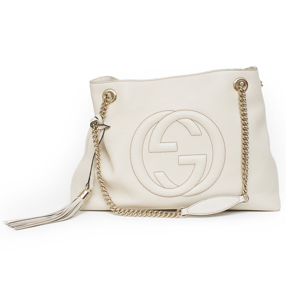 Gucci Soho Ivoire Ivory Gold Double Chain Soft Hobo Leather Shoulder Bag Italy Authentic New