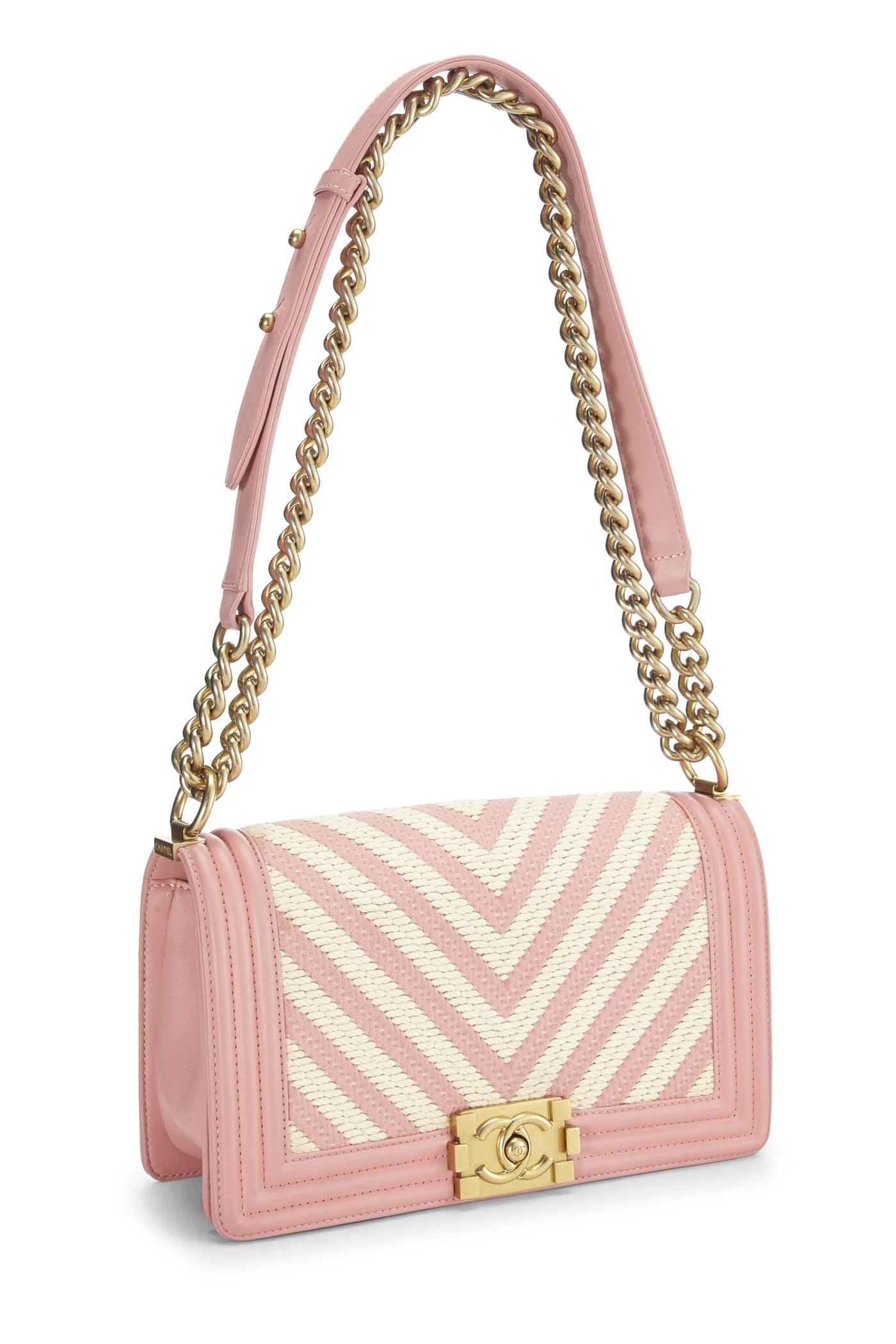 Chanel, Pre-Loved Pink & White Woven Chevron Boy Bag Medium, Pink