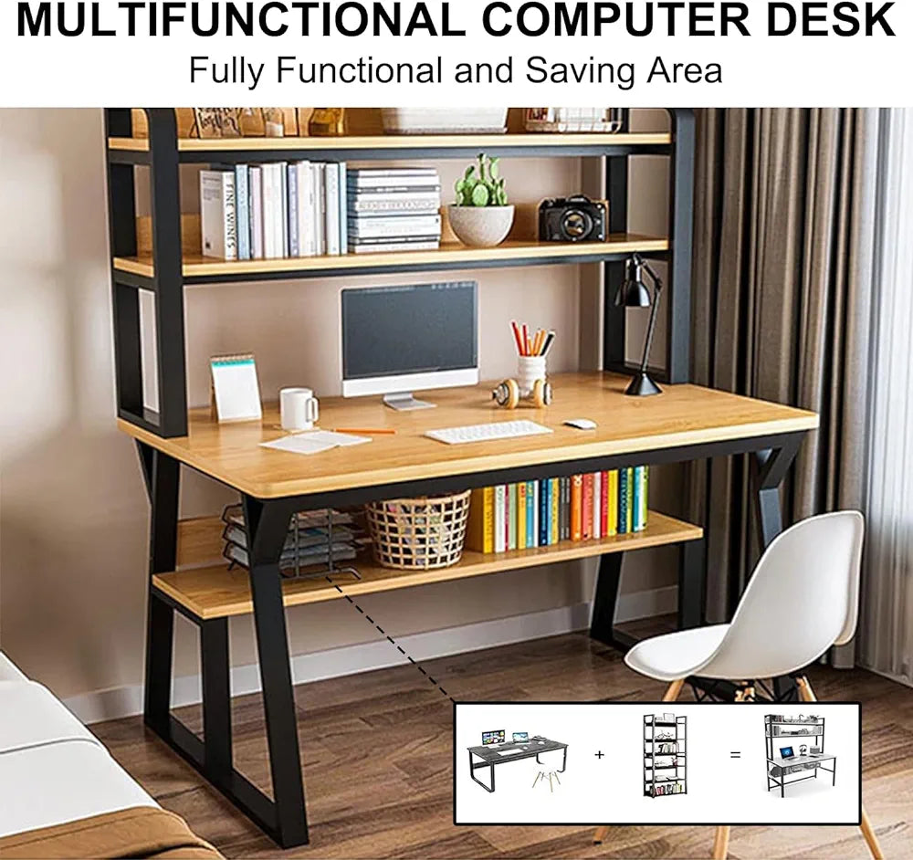 Okoz Computer Desk with Storage Shelves and Bookshelf, Simple Modern Desk with Sturdy Metal Frame for Writing, Study and Work for Home and Office