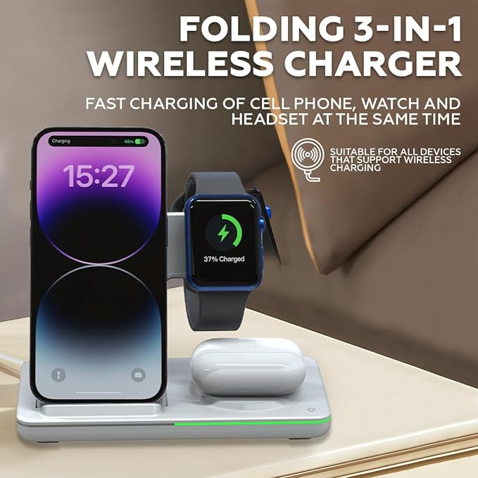 3 in 1 Wireless Mobile Charging Station, Fast Wireless Charger Stand for Fast Charge, Wireless Charger Phone Apple iPhone 15 14 13 12 11 X Pro Max AirPods iWatch 8 7 6 5 4 Samsung Galaxy S (White)