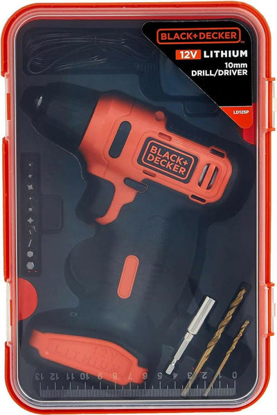 BLACK+DECKER 12V 1.5Ah 900 RPM Cordless Drill Driver with 13 Pieces Bits in Kitbox For Drilling and Fastening, Orange/Black, LD12SP-B5,